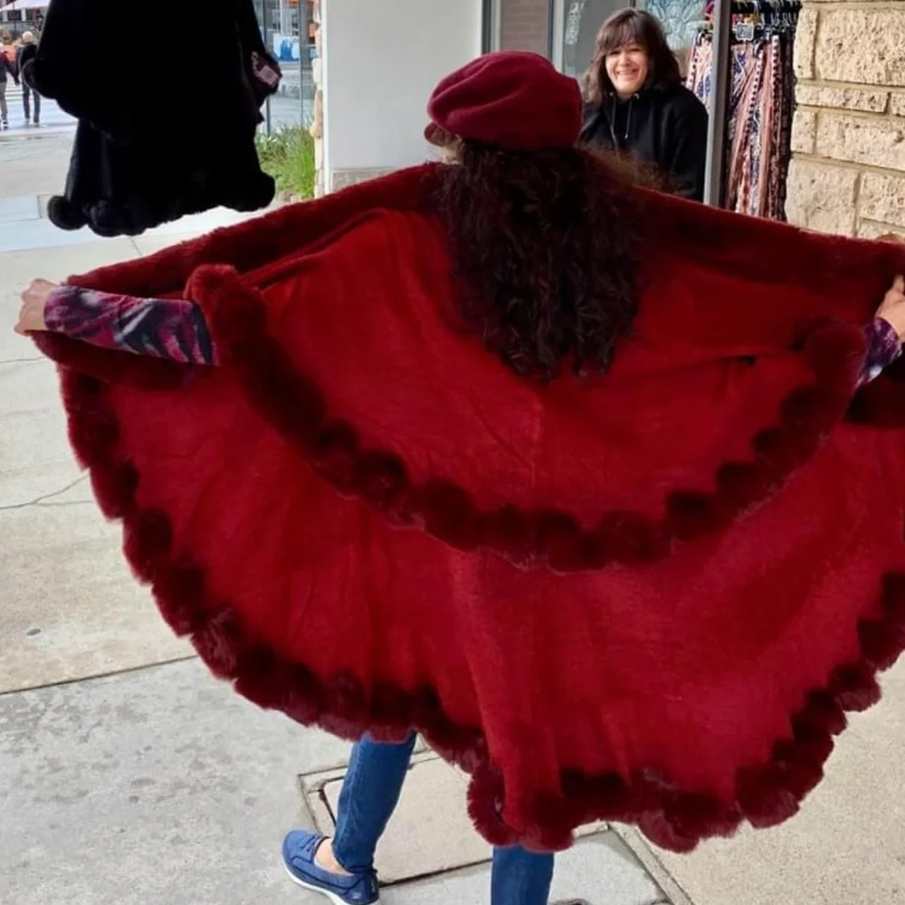 Luxury Burgundy Faux Fur Double Layer Cape Coat - Picture 2 of 13